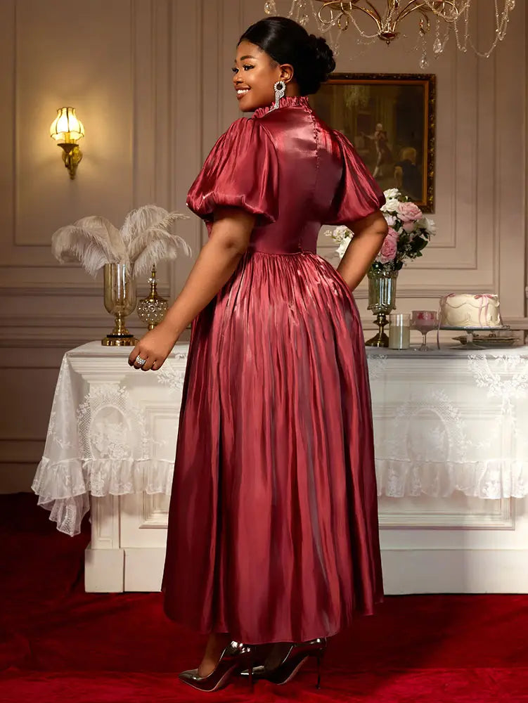 AOMEIDRESS Elegant Satin Maxi A Line Weddding Guests Dress Puff Sleeve