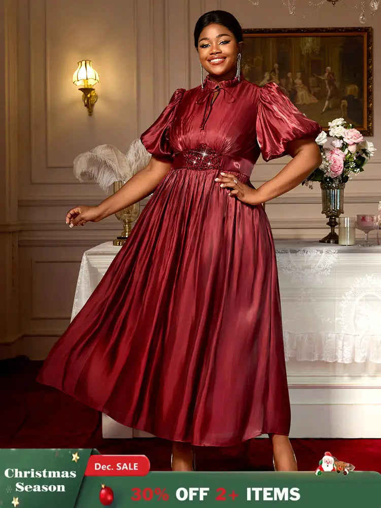 AOMEIDRESS Elegant Satin Maxi A Line Weddding Guests Dress Puff Sleeve Wine / 0XL