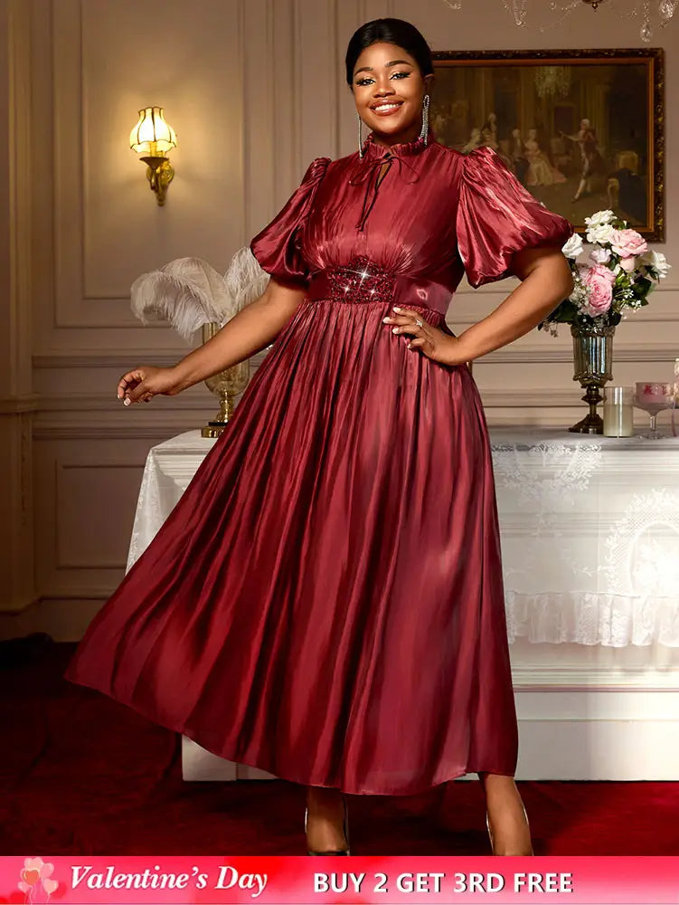 AOMEIDRESS Elegant Satin Maxi A Line Weddding Guests Dress Puff Sleeve Wine / 0XL