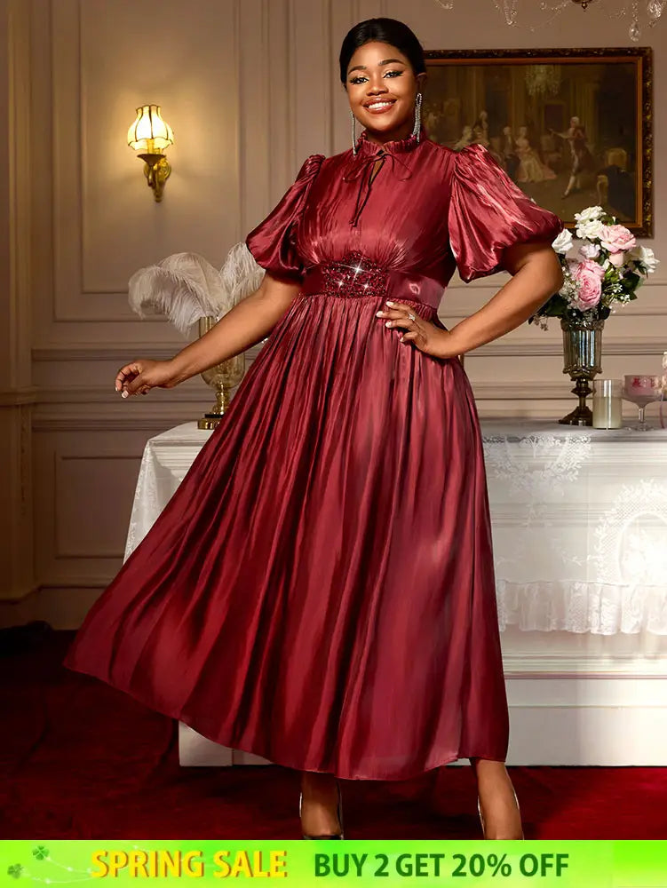 AOMEIDRESS Elegant Satin Maxi A Line Weddding Guests Dress Puff Sleeve Wine / 0XL
