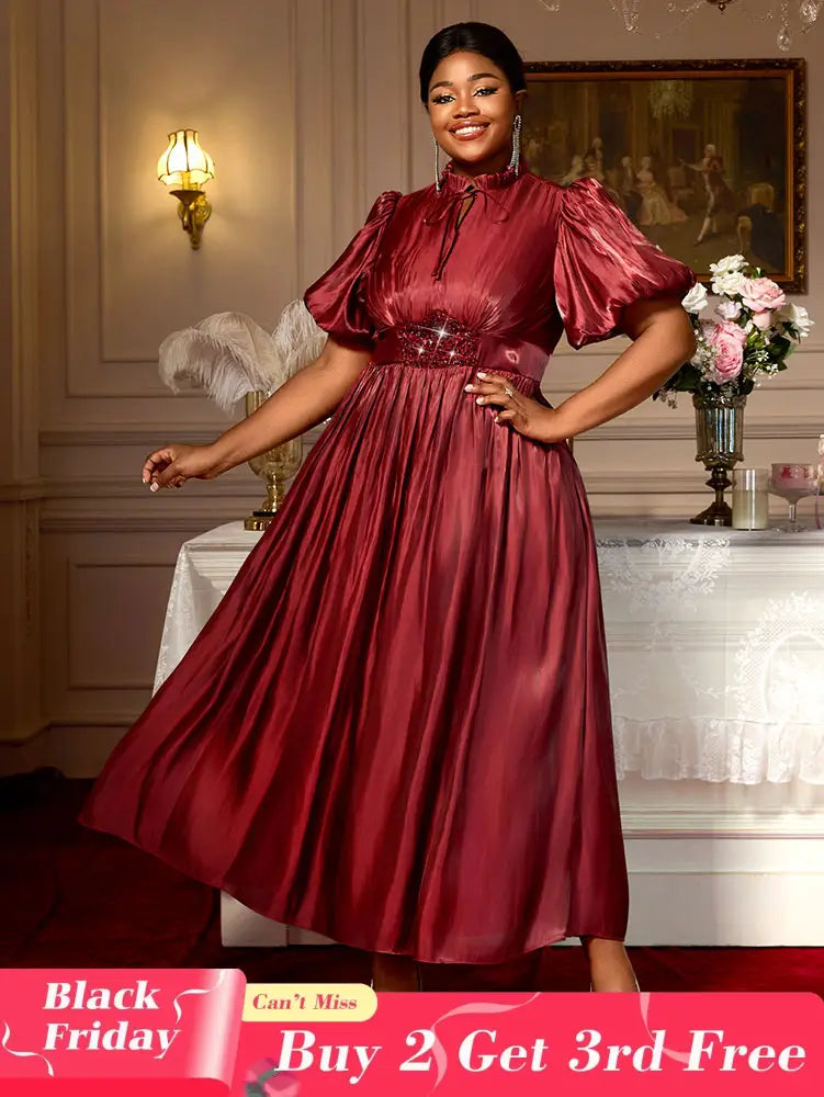 AOMEIDRESS Elegant Satin Maxi A Line Weddding Guests Dress Puff Sleeve Wine / 0XL
