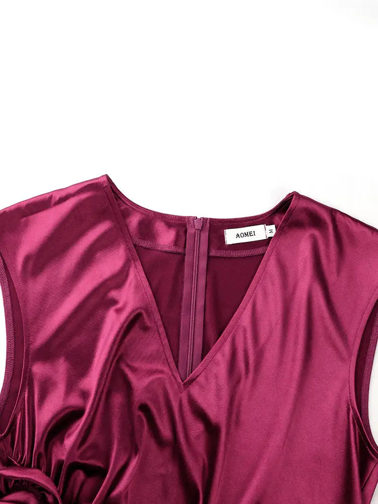 AOMEIDRESS Elegant Satin Sleeveless Dress Side Slit 3D Flower Gowns