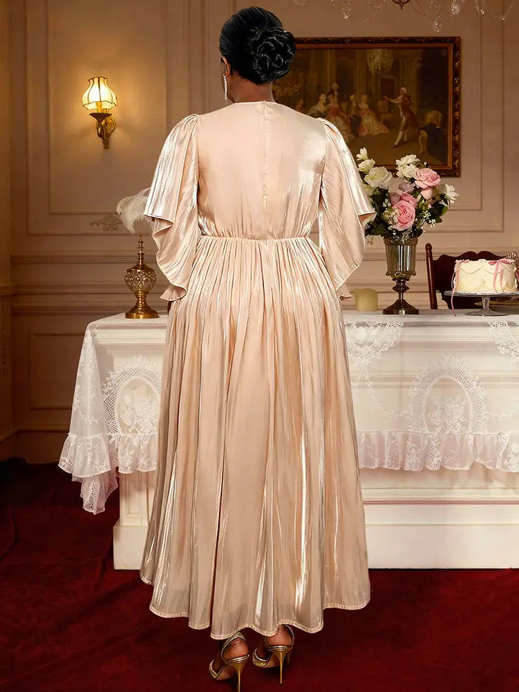AOMEIDRESS Elegant Satin Slit Dress V Neck 3D Flower Belt Party Gowns