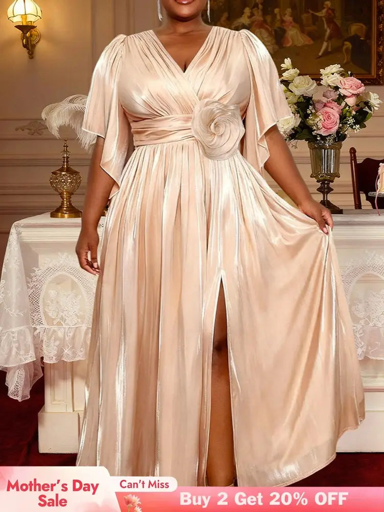 AOMEIDRESS Elegant Satin Slit Dress V Neck 3D Flower Belt Party Gowns - 杏色 / S