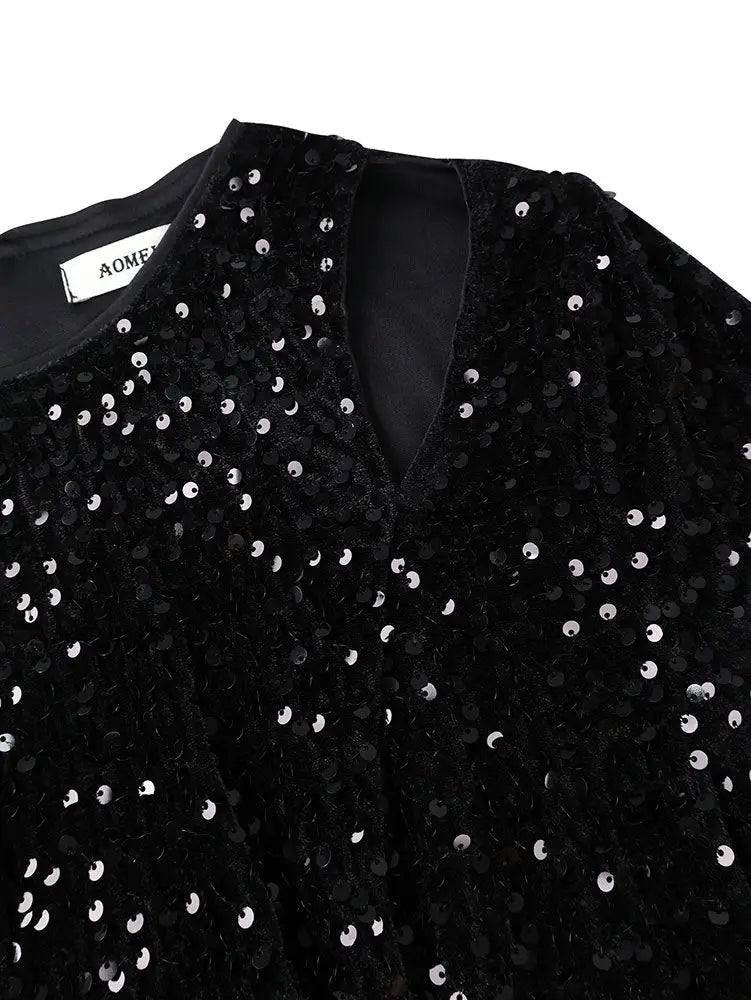 AOMEIDRESS Elegant Sequin Bodycon Dress with Gold Floral Embroidery