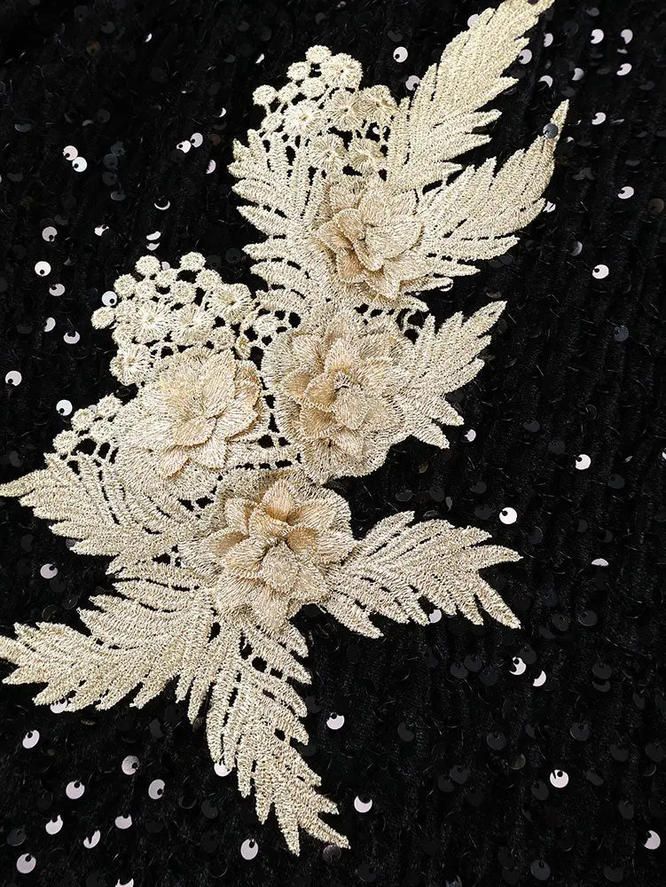 AOMEIDRESS Elegant Sequin Bodycon Dress with Gold Floral Embroidery