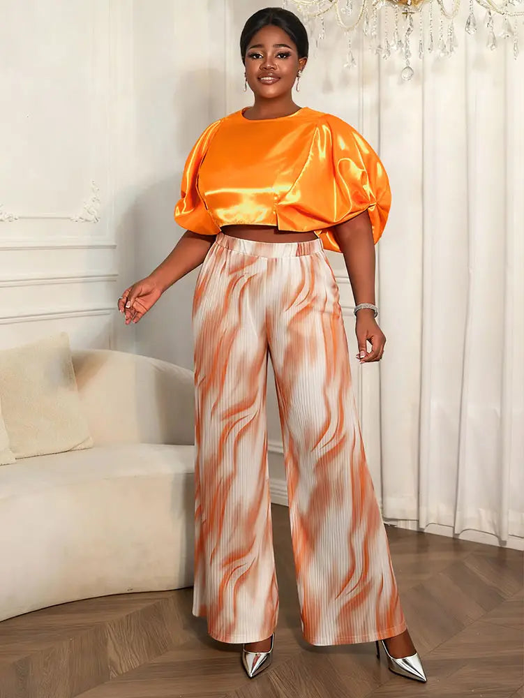 AOMEIDRESS Elegant Set Satin Puff Sleeve Top Wide Leg Pants for Party