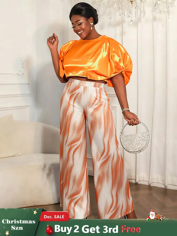 AOMEIDRESS Elegant Set Satin Puff Sleeve Top Wide Leg Pants for Party Orange / L