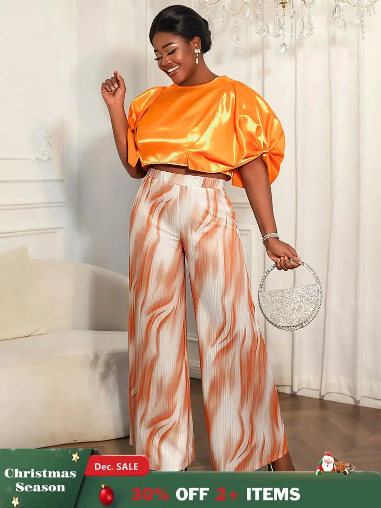 AOMEIDRESS Elegant Set Satin Puff Sleeve Top Wide Leg Pants for Party Orange / L