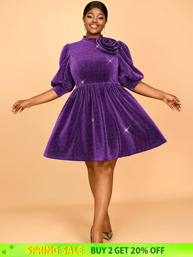 AOMEIDRESS Elegant Shiny A Line Dress for Party Evening 3D Flower Purple / 0XL