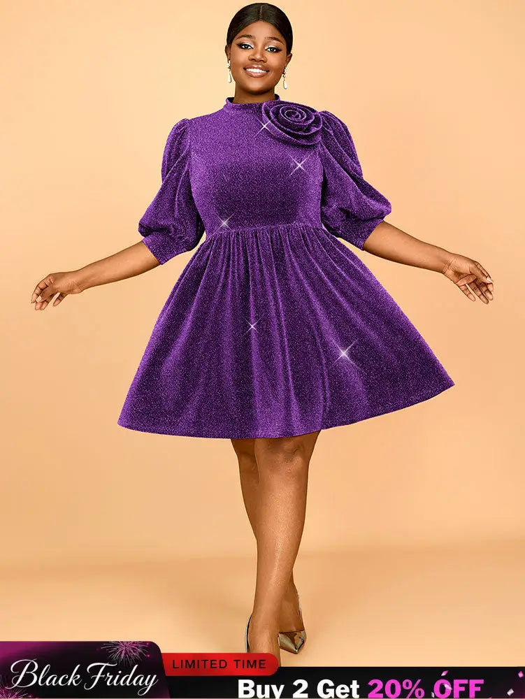 AOMEIDRESS Elegant Shiny A Line Dress for Party Evening 3D Flower Purple / 0XL