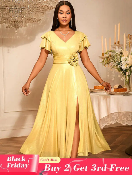 AOMEIDRESS Elegant Shiny Maxi A Line Dress For Wedding Guest 3D Flower LightGold / S