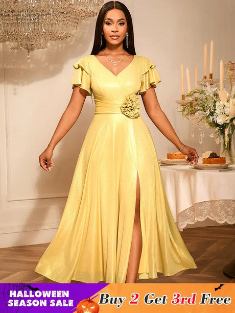 AOMEIDRESS Elegant Shiny Maxi A Line Dress For Wedding Guest 3D Flower LightGold / S