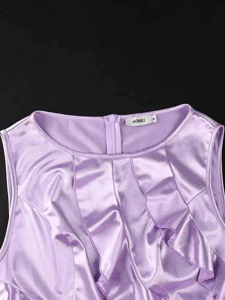 AOMEIDRESS Elegant Shiny Satin Ruffle Party Dress High Slit 3D Flower