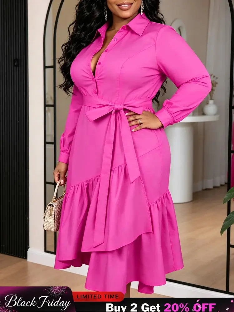 AOMEIDRESS Elegant Shirt Dress Lapel Long Sleeve Tie Waist Ruffle