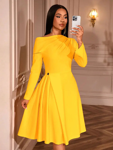 AOMEIDRESS Elegant Slash Neck Pleated Dress Long Sleeve Casual Outfit