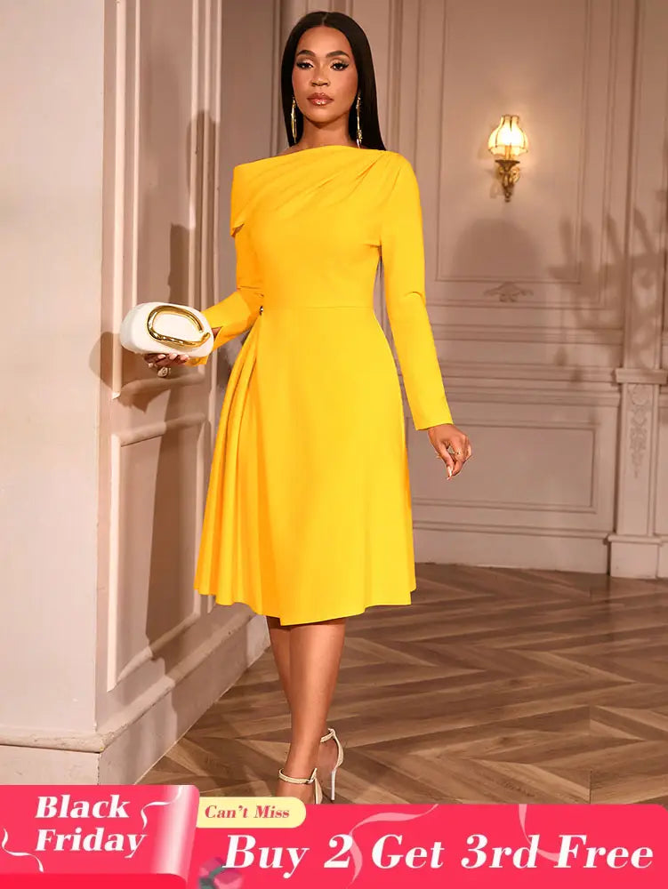 AOMEIDRESS Elegant Slash Neck Pleated Dress Long Sleeve Casual Outfit Yellow / S