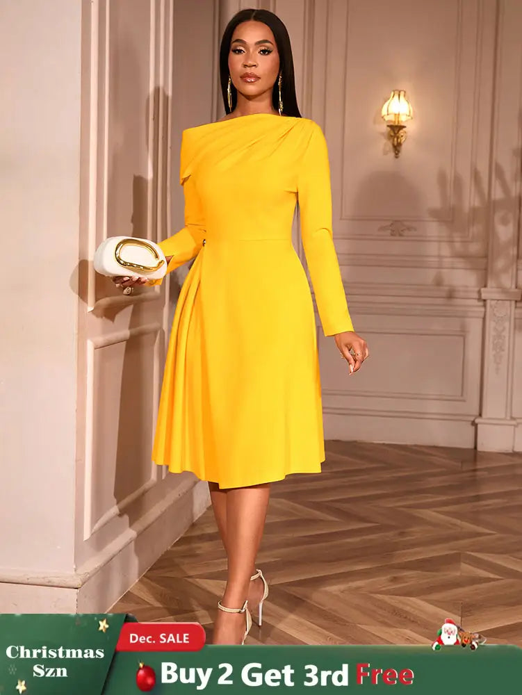 AOMEIDRESS Elegant Slash Neck Pleated Dress Long Sleeve Casual Outfit Yellow / S