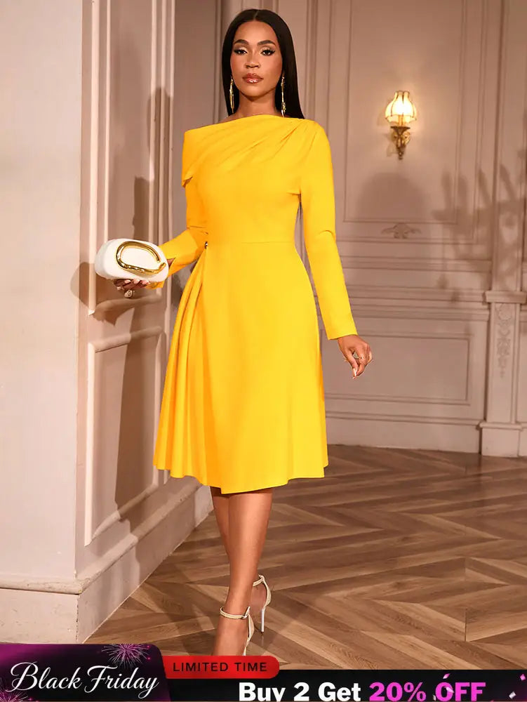 AOMEIDRESS Elegant Slash Neck Pleated Dress Long Sleeve Casual Outfit Yellow / S