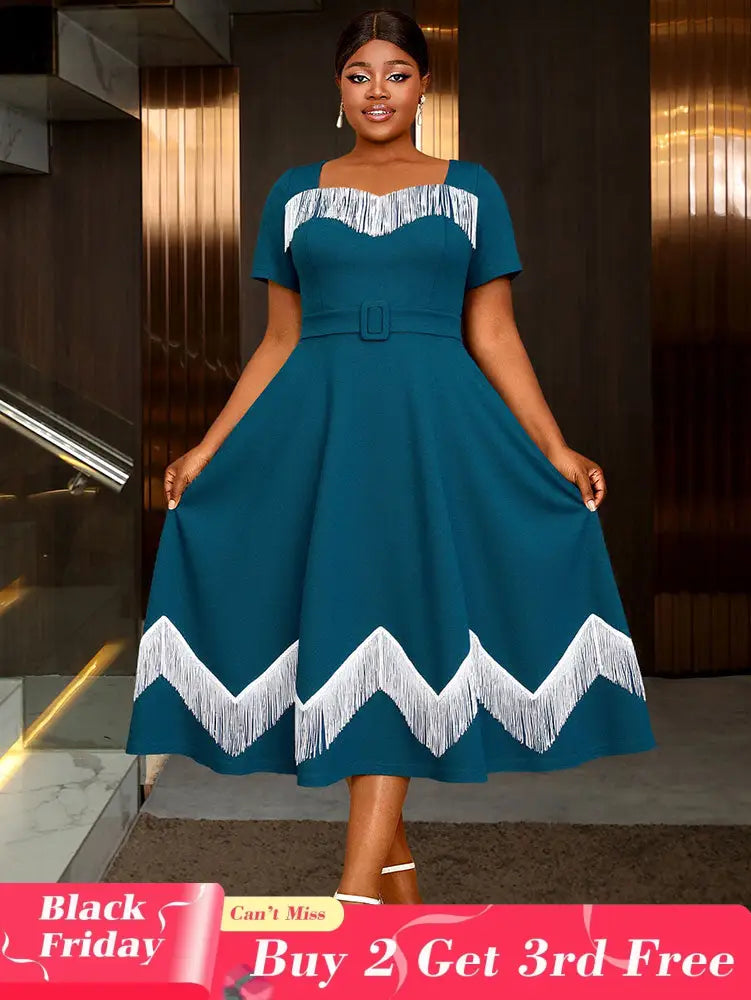 AOMEIDRESS Elegant Tassel A Line Midi Pleated Dresses For Church PeocockBlue / S