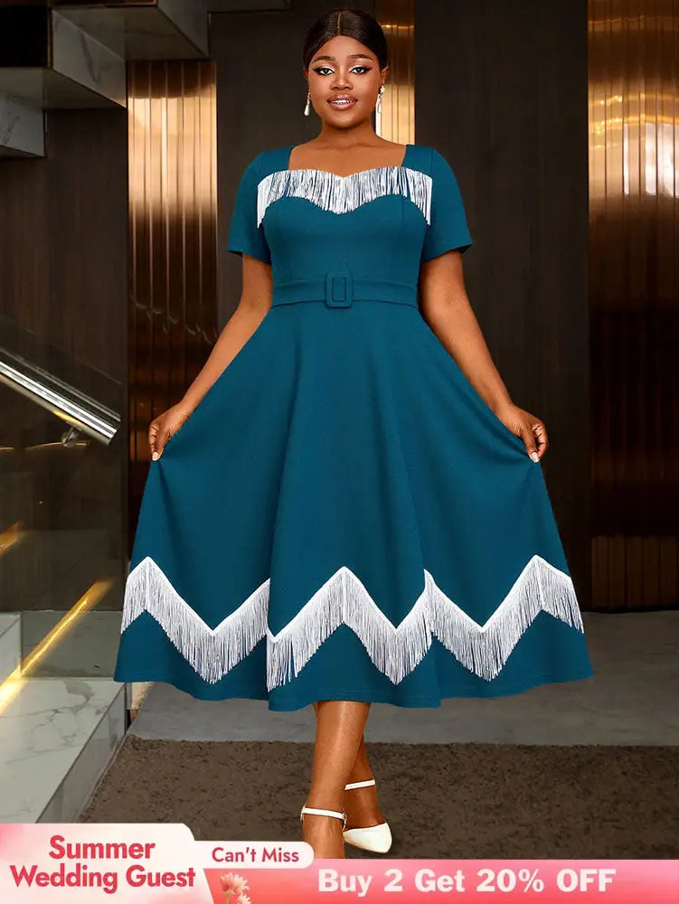 AOMEIDRESS Elegant Tassel A Line Midi Pleated Dresses For Church PeocockBlue / S