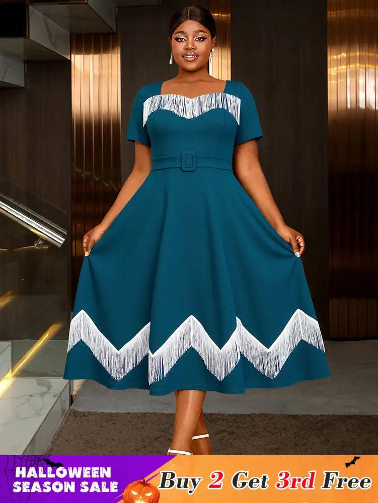 AOMEIDRESS Elegant Tassel A Line Midi Pleated Dresses For Church PeocockBlue / S