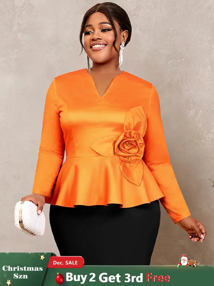 AOMEIDRESS Elegant Tops V Neck Long Sleeves with 3D Flower Peplum Hem Orange / S