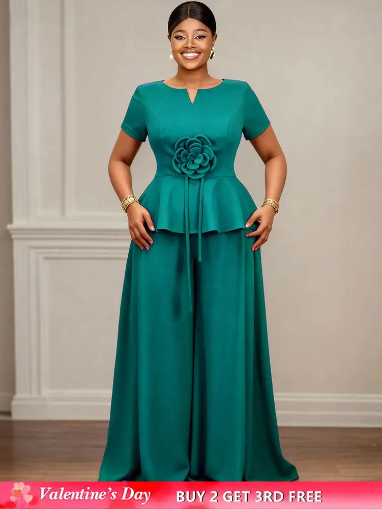 AOMEIDRESS Elegant Two Piece Set 3D Flower Peplum Top Wide Leg Pants LakeGreen / L