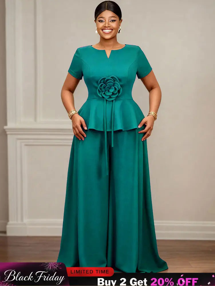 AOMEIDRESS Elegant Two Piece Set 3D Flower Peplum Top Wide Leg Pants LakeGreen / L