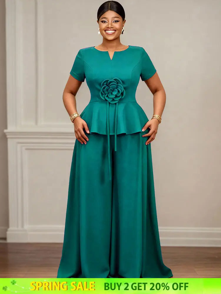AOMEIDRESS Elegant Two Piece Set 3D Flower Peplum Top Wide Leg Pants LakeGreen / L