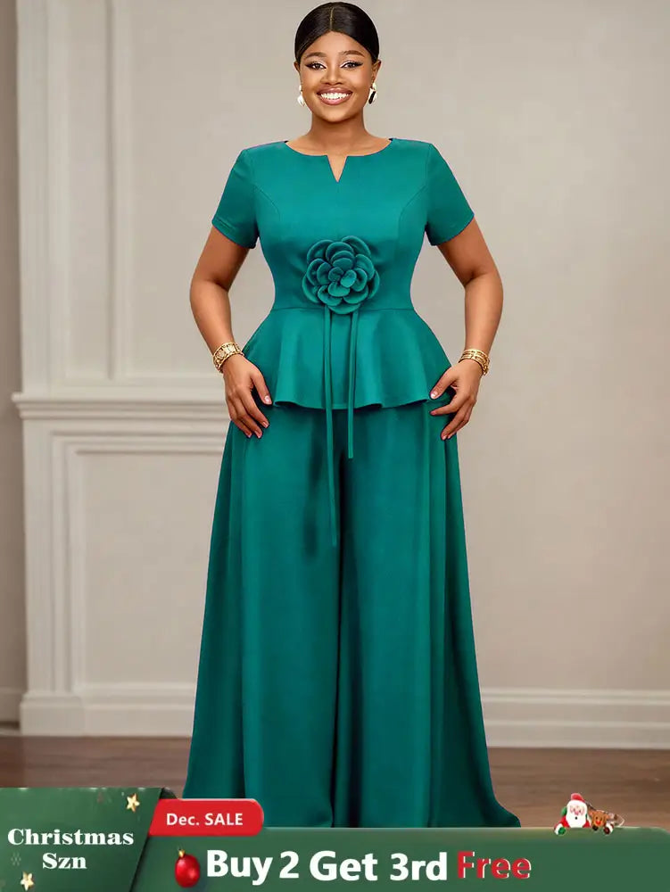 AOMEIDRESS Elegant Two Piece Set 3D Flower Peplum Top Wide Leg Pants LakeGreen / L