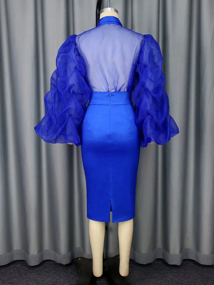 AOMEIDRESS Elegant Two Piece Set Sheer Mesh Puff Sleeve Evening Party