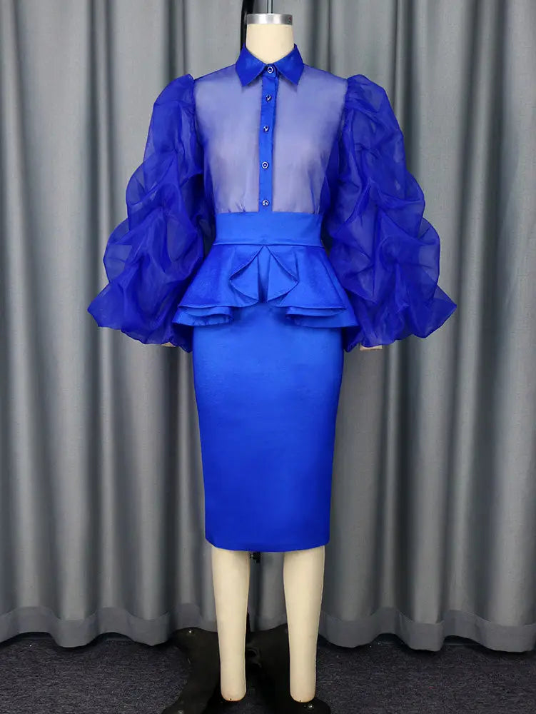 AOMEIDRESS Elegant Two Piece Set Sheer Mesh Puff Sleeve Evening Party