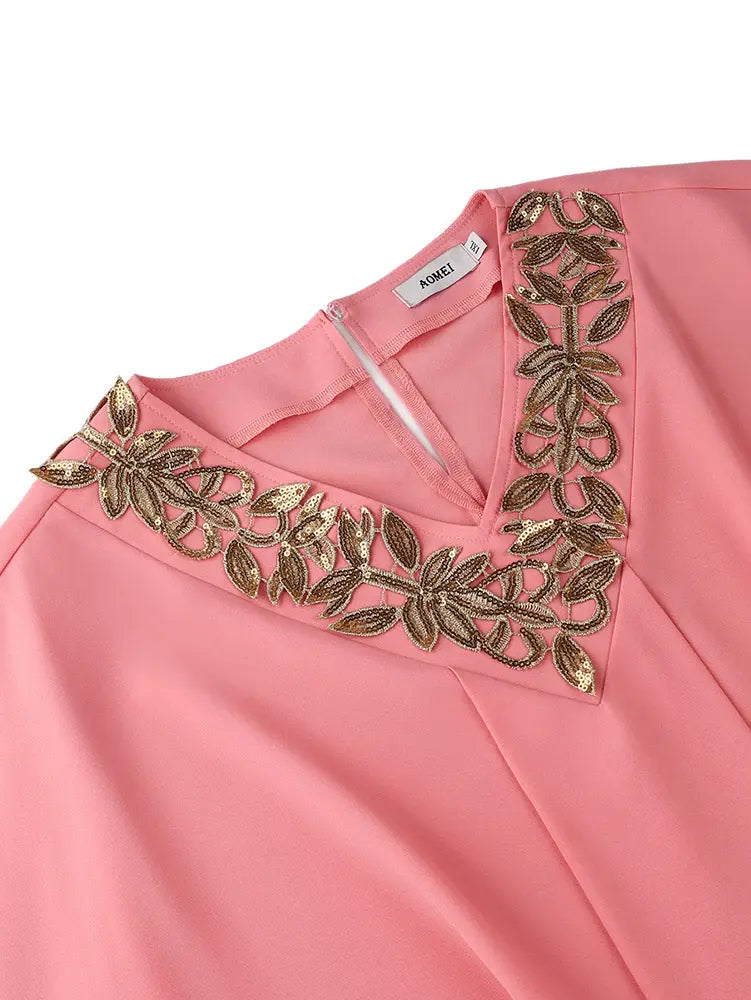 AOMEIDRESS Elegant Two Piece Set V Neck Appliques Top Wide Leg Pants