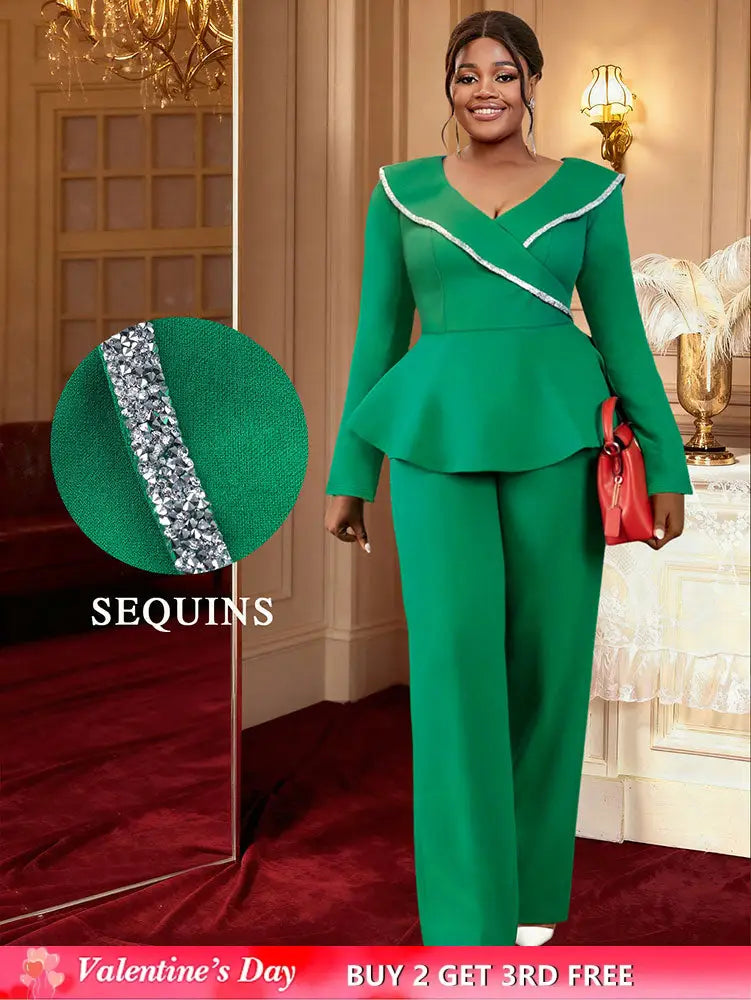 AOMEIDRESS Elegant Two Piece Set V Neck Peplum Tops Wide Leg Pants Green / S