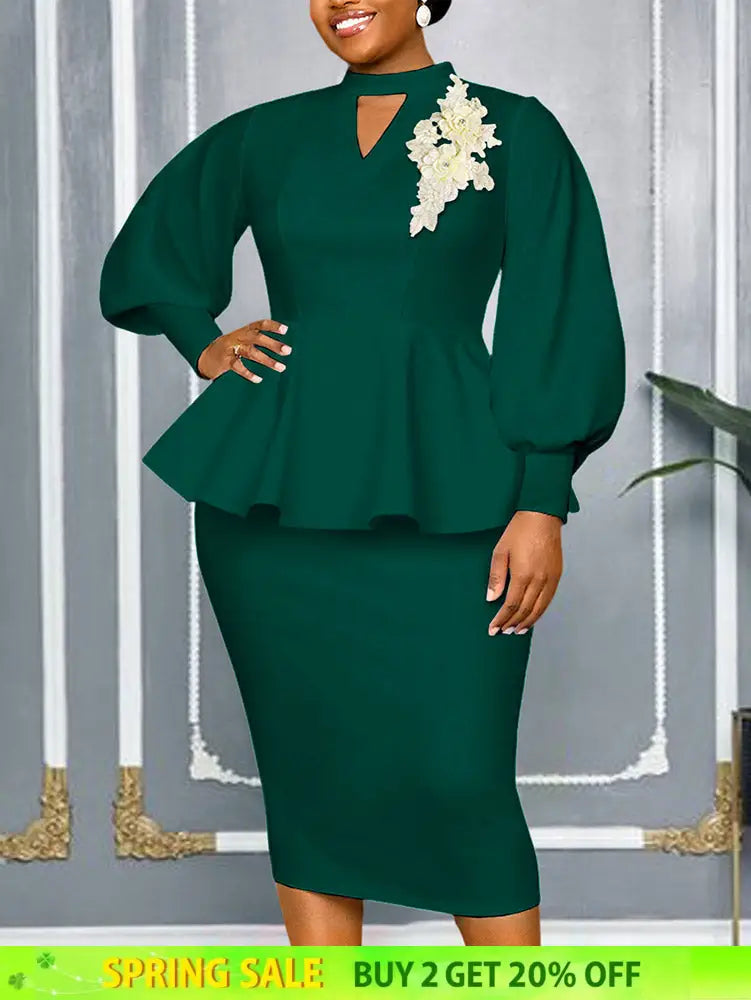 AOMEIDRESS Elegant Two Piece Set with Applique Puff Sleeve Peplum Hem