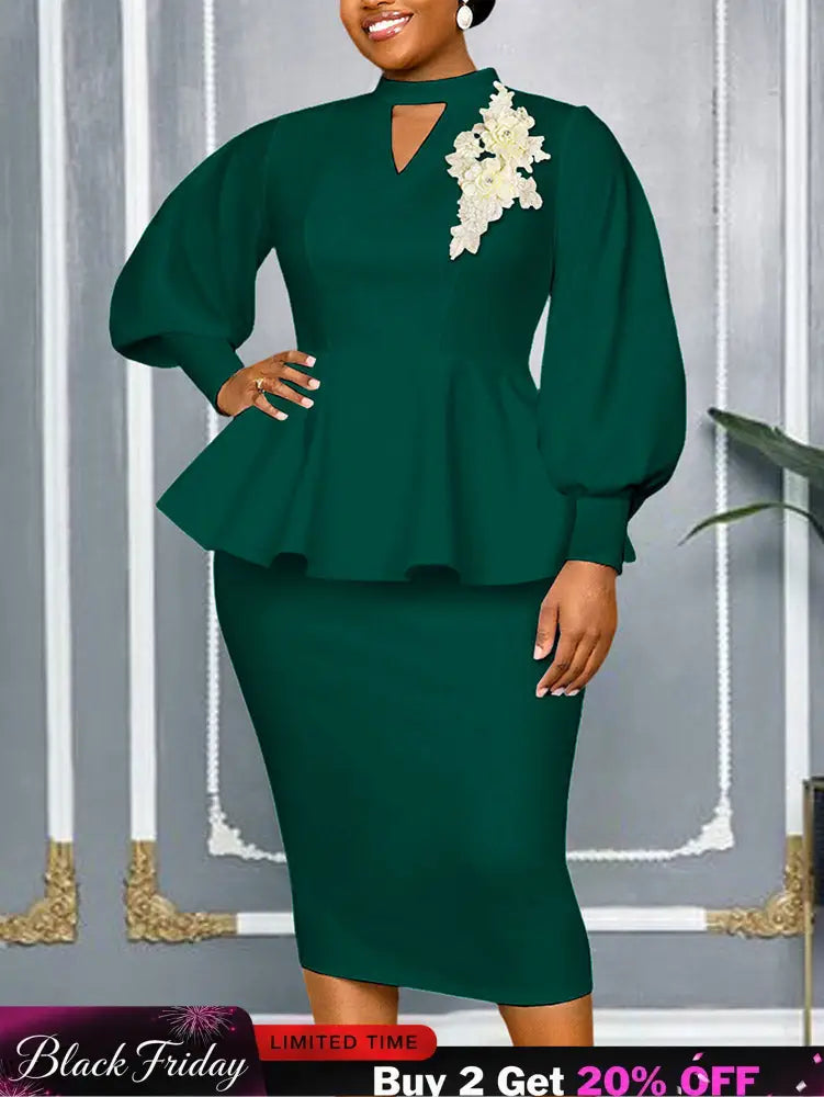 AOMEIDRESS Elegant Two Piece Set with Applique Puff Sleeve Peplum Hem