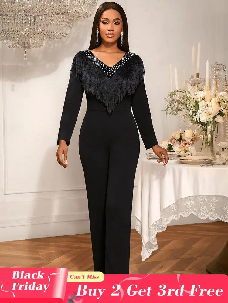 AOMEIDRESS Elegant Wedding Evening Beading Jumpsuit with Tassel V Neck Black / S