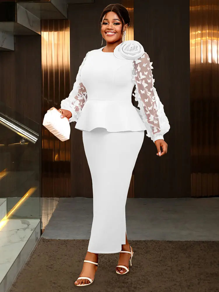 AOMEIDRESS Elegant Wedding Guest Dress Package Hip O Neck 3D Flower