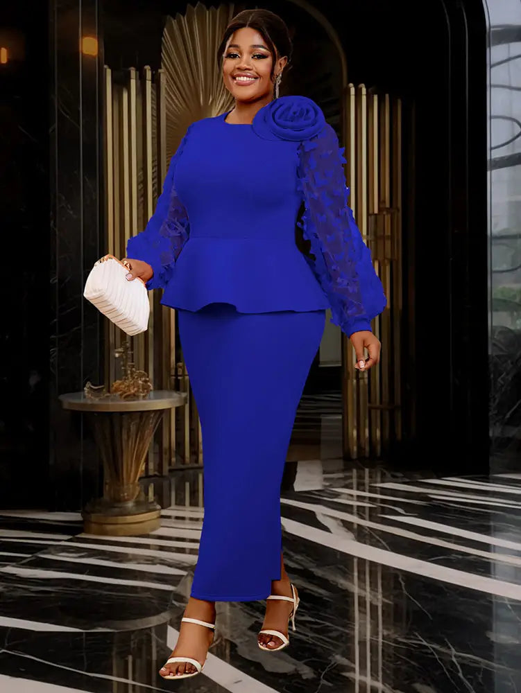 AOMEIDRESS Elegant Wedding Guest Dress Package Hip O Neck 3D Flower Blue / 0XL