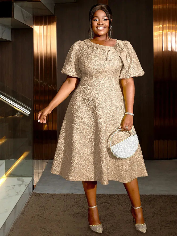 AOMEIDRESS Elegant Wedding Guest Dresses Jacquard A Line 3D Flower Khaki / S