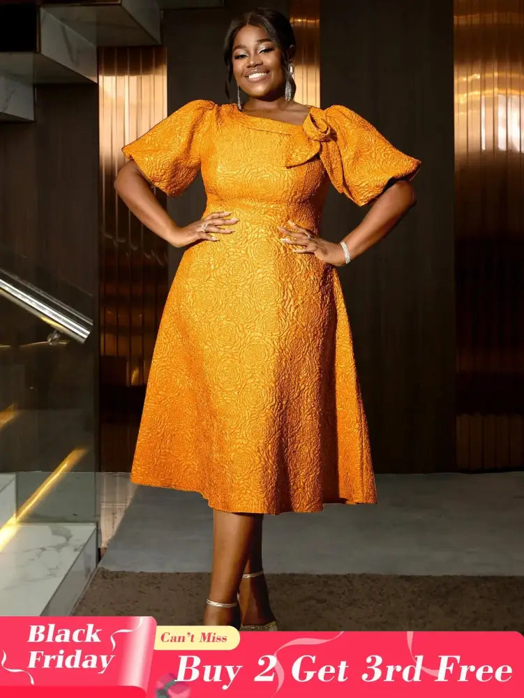 AOMEIDRESS Elegant Wedding Guest Dresses Jacquard A Line 3D Flower Orange / S