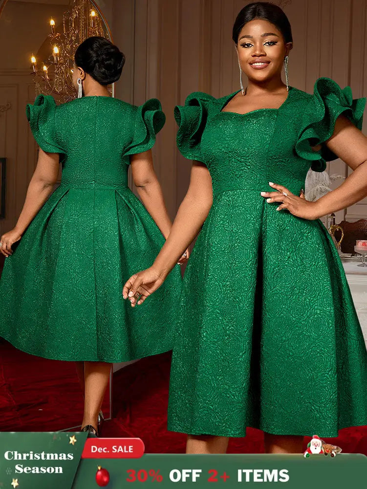 AOMEIDRESS Elegant Wedding Guest Dresses Jacquard A Line 3D Ruffles DarkGreen / S