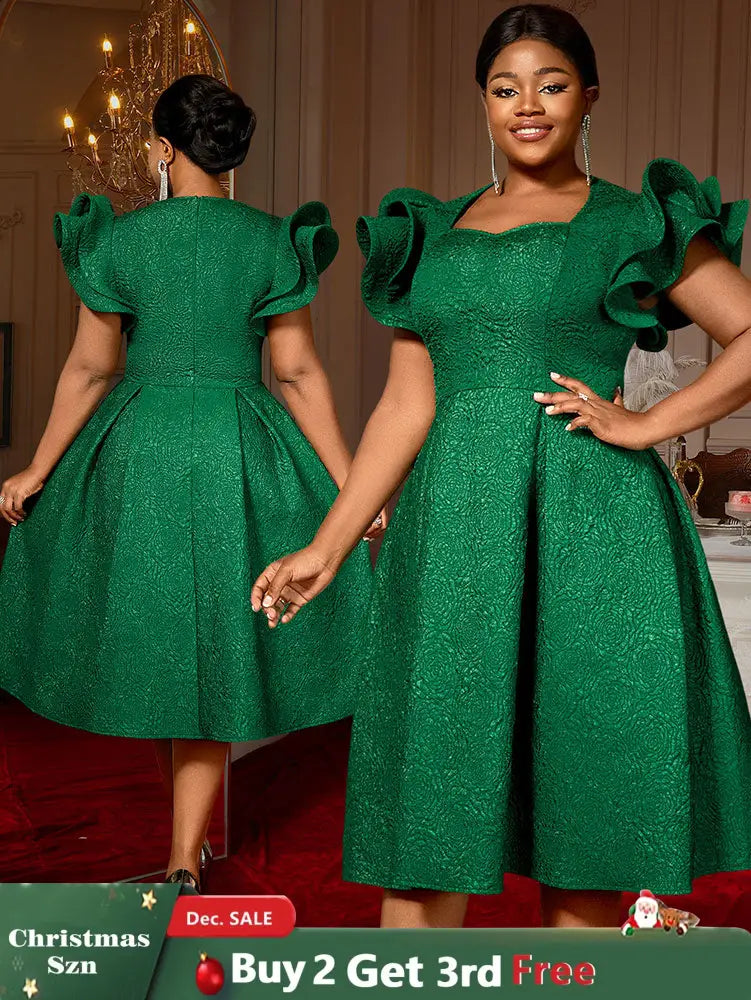 AOMEIDRESS Elegant Wedding Guest Dresses Jacquard A Line 3D Ruffles DarkGreen / S