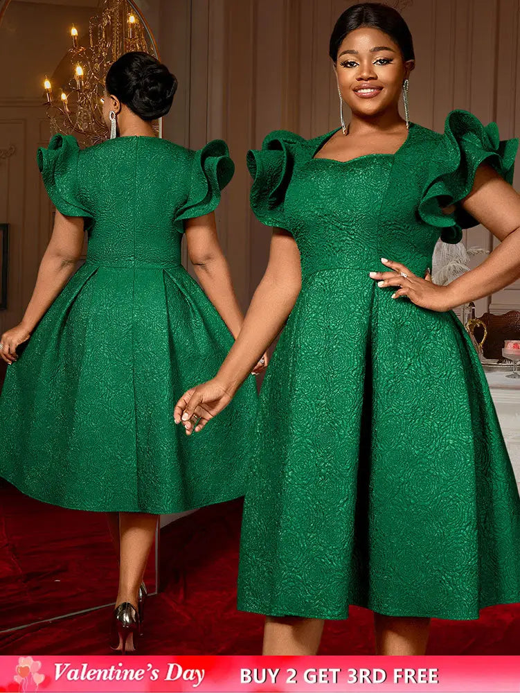 AOMEIDRESS Elegant Wedding Guest Dresses Jacquard A Line 3D Ruffles DarkGreen / S