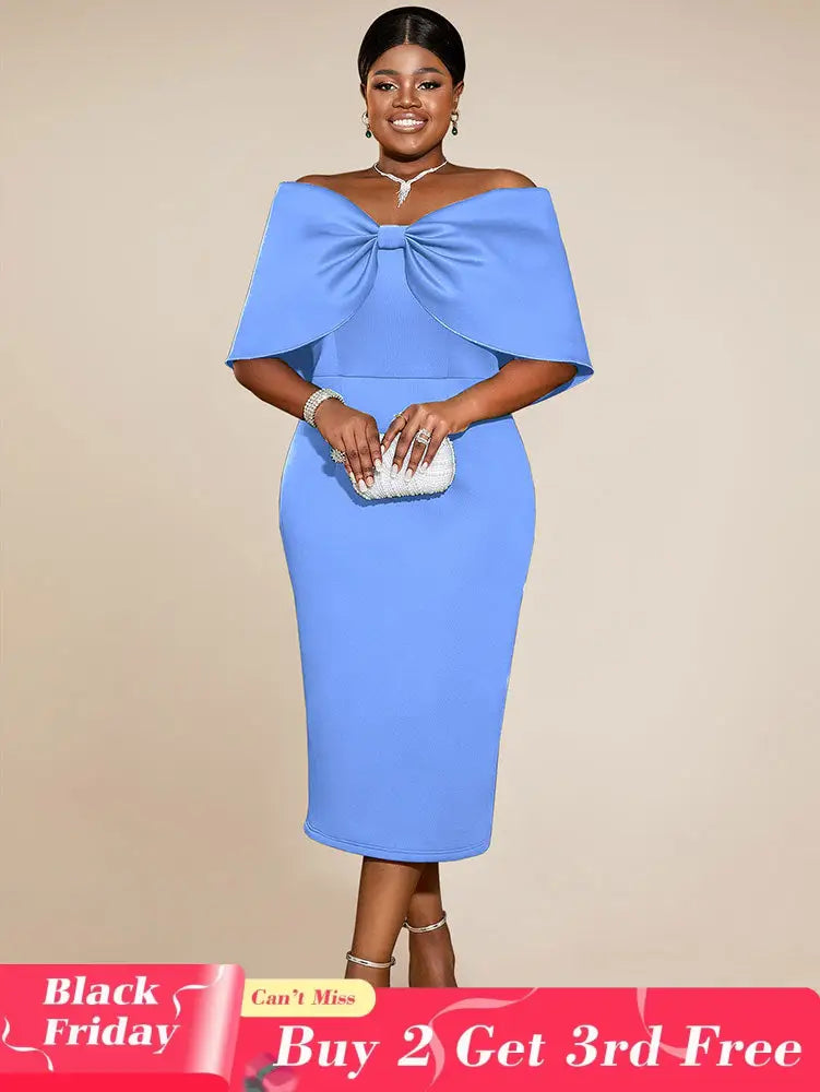 AOMEIDRESS Elegant Wedding Guests Dress Big Bow Strapless Package Hip Blue / 0XL