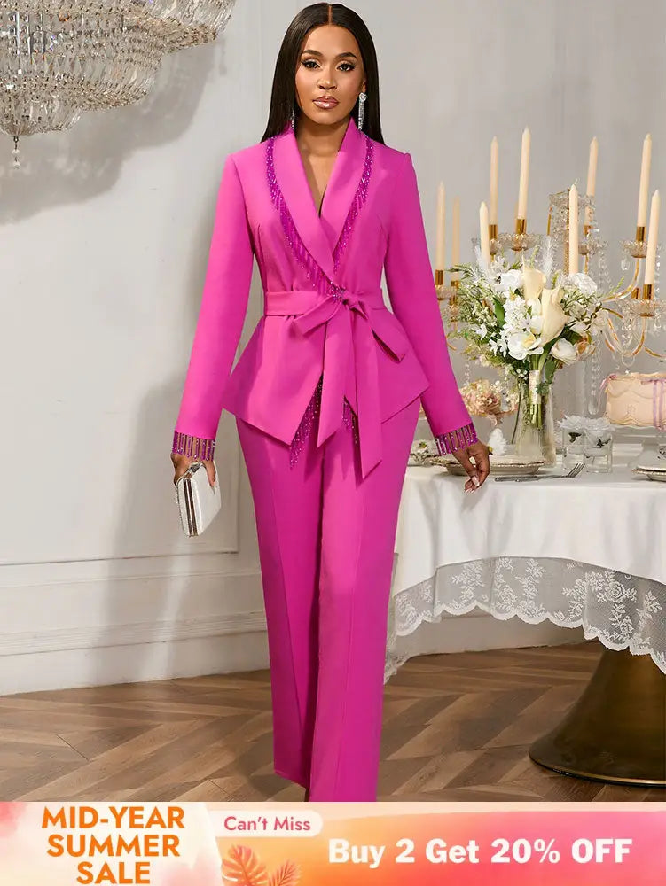 AOMEIDRESS Elegant Wedding Party Pantsuit with Tassel Waist Belt Rose / S