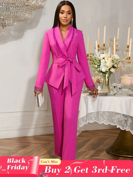 AOMEIDRESS Elegant Wedding Party Pantsuit with Tassel Waist Belt Rose / S