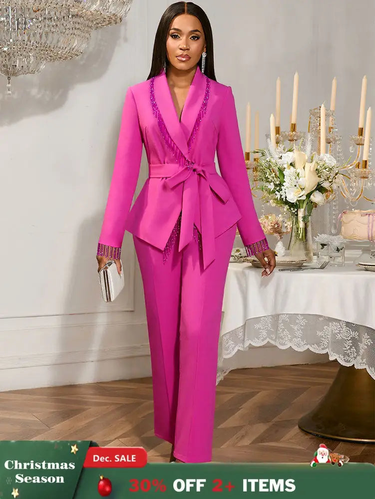 AOMEIDRESS Elegant Wedding Party Pantsuit with Tassel Waist Belt Rose / S