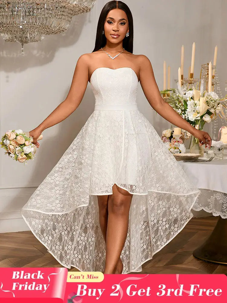 AOMEIDRESS Elegant White A Line Lace Strapless Dress For Bridal Shower White / S